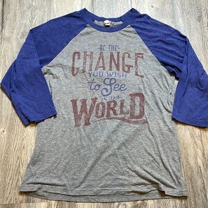 Women’s Be The Change You Wish to See in the World Blue Grey Red Baseball Tee Md